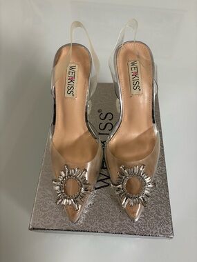 WetKiss Women's Clear Slingback Heels with Crystal Accent - Nude
